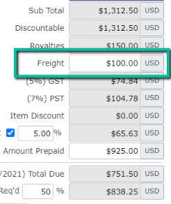 financial summary table screenshot with freight item highlighted