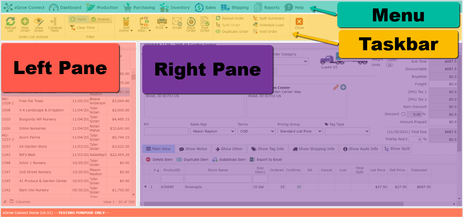 screenshot of eGrow Connect with the parts labeled, Top column is the Menu, just below is the Taskbar, There are labels for the Left Pane and Right Pane also.
